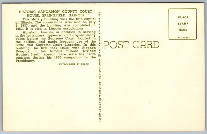 Postcard Springfield Illinois IL Courthouse 1950s Chrome vintage