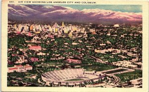 c1935 LOS ANGELES CALIFORNIA BIRDS EYE VIEW CITY COLISEUM LINEN POSTCARD 41-97