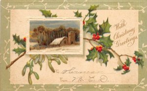 CHRISTMAS GREETINGS 1906 Embossed Postcard Holly Cottage by International Art