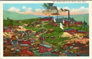 Richest Hill in the World Butte Montana Postcard Mining Smelter Mines UNP Linen