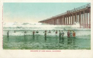 Long Beach California  Breakers, People in the Ocean UDB Postcard Unused