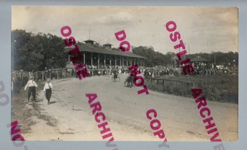 rppc c1910 HARNESS RACE Underway Horse Racing Trotter Trotting Sulky Grandstand 