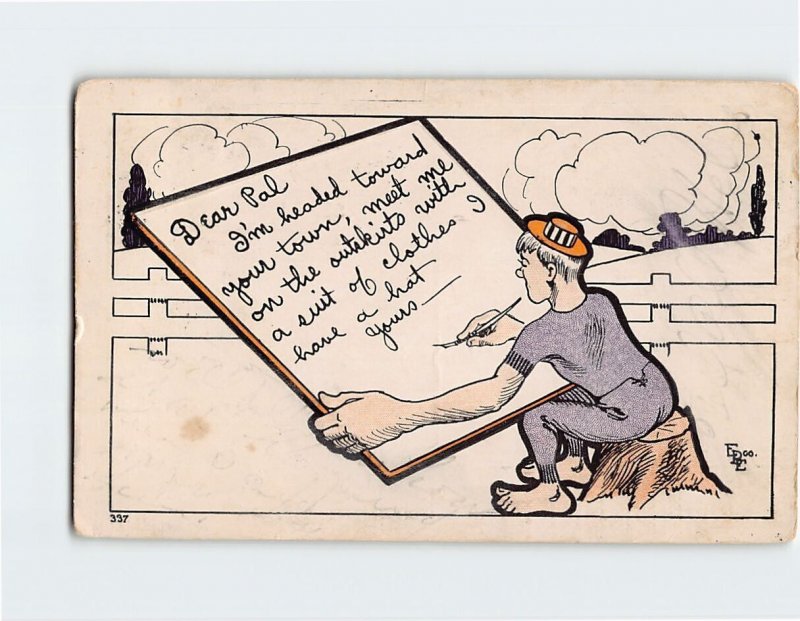 Postcard Friendship Greeting Card with Boy Writing Comic Embossed Art Print