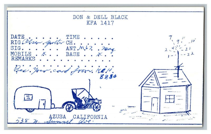 QSL Radio Card From Azusa California KLH 8850 