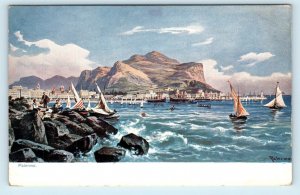 PALERMO, Italy ~  Artist's VIEW of BAY & CITY ~ Sailboats c1910s  Postcard