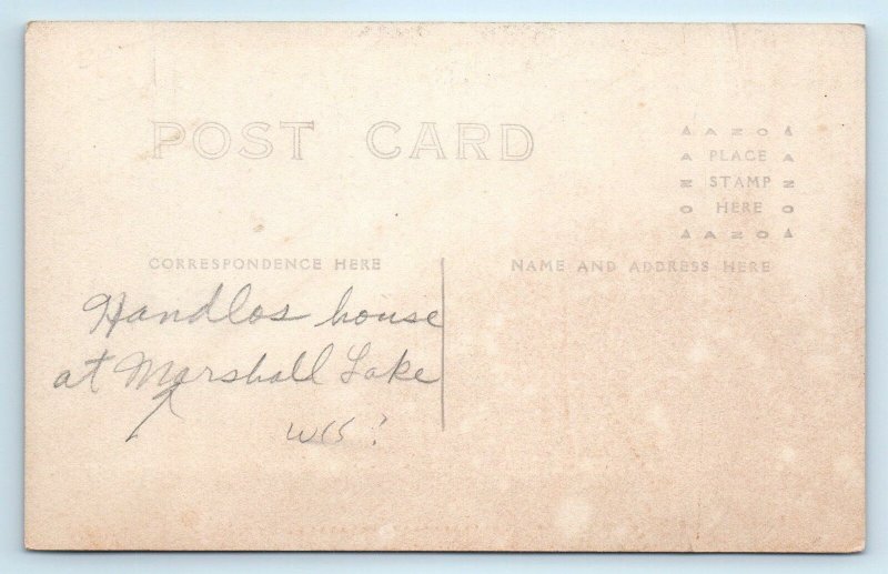 RPPC MARSHALL LAKE, WI? ~ Rustic LOG CABIN (Handlos House)  c1910s  Postcard