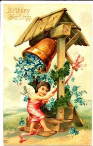 Angel at Flower Well Birthday Greetings - 1910