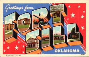Linen Postcard Large Letter Greetings Fort Sill, Oklahoma