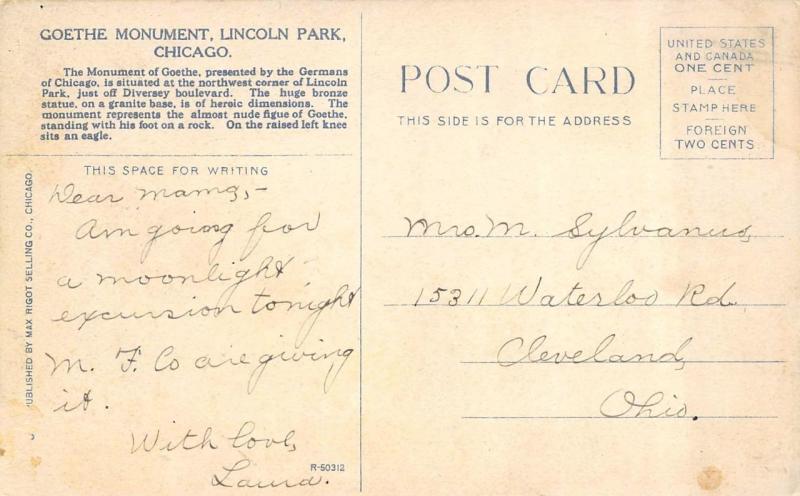 CHICAGO, IL Illinois        LINCOLN PARK~GOETHE MONUMENT        c1910's Postcard