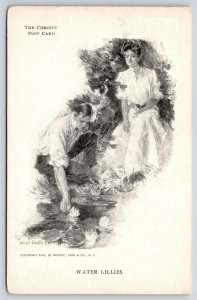 Howard Chandler Christy~Water Lilies~Lovely Lady on Bank~Gent Reaches in Pond