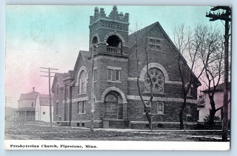 Pipestone Minnesota MN Postcard Presbyterian Church Building Street Scene 1911