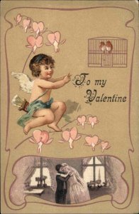 Valentine Fantasy Cupid Watches Over Wedding Marriage c1910 Vintage Postcard