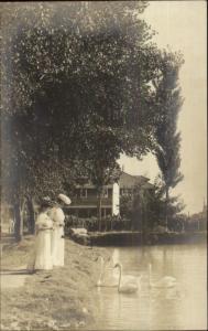 Women Feeding Swans Inn or Hotel? Fine Photography c1905 Real Photo Postcard 