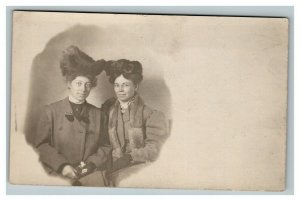 Vintage 1905 RPPC Postcard Portrait of Sisters in Large Hats