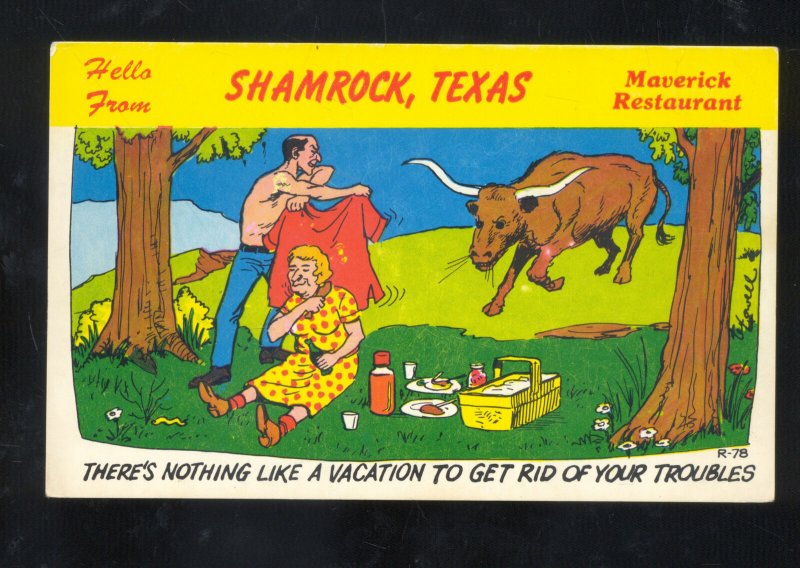 SHAMROCK TEXAS ROUTE 66 MAVERICK RESTAURANT CHARGING BULL VINTAGE POSTCARD