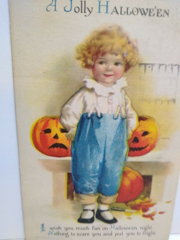 Jolly Halloween Postcard Ellen Clapsaddle Wolf No 1 Child Pumpkins 1920 Vintage