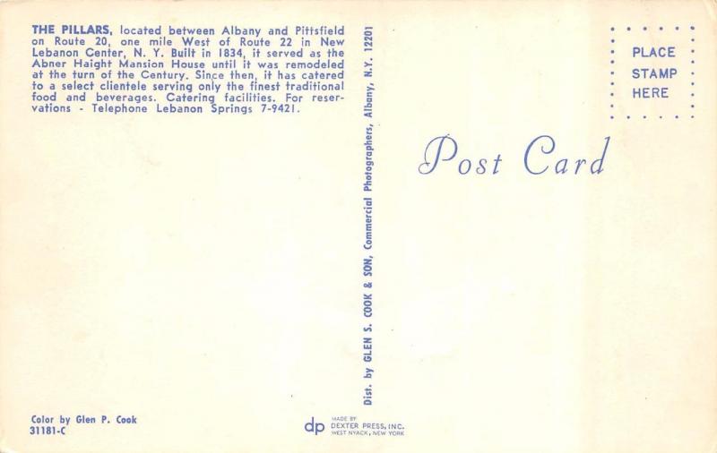 NY, New York THE PILLARS RESTAURANT New Lebanon Center ROADSIDE c1950's Postcard