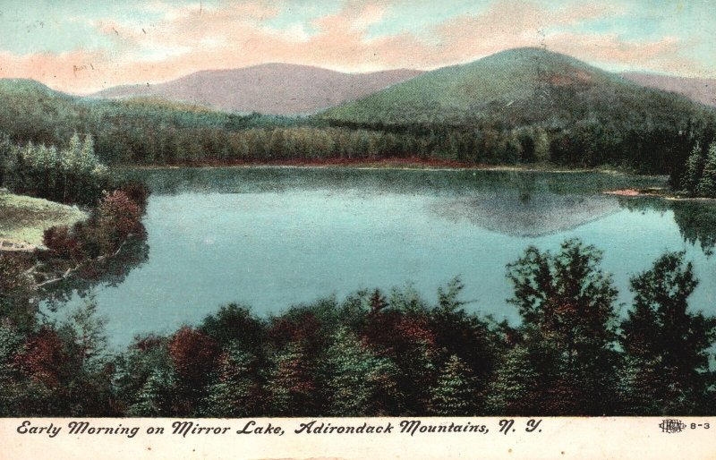 Vintage Postcard 1909 Early Morning On Mirror Lake Adirondack Mountains New York