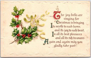 Christmas Greetings, 1912 Embossed Holly & Mistletoe & Peotic Message, Postcard