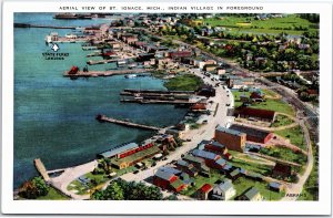 VINTAGE POSTCARD AERIAL VIEW OF ST. IGNACE MICHIGAN WITH INDIAN VILLAGE