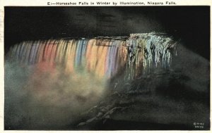 Vintage Postcard 1928 Horseshoe Falls In Winter By Illumination Niagara Falls NY