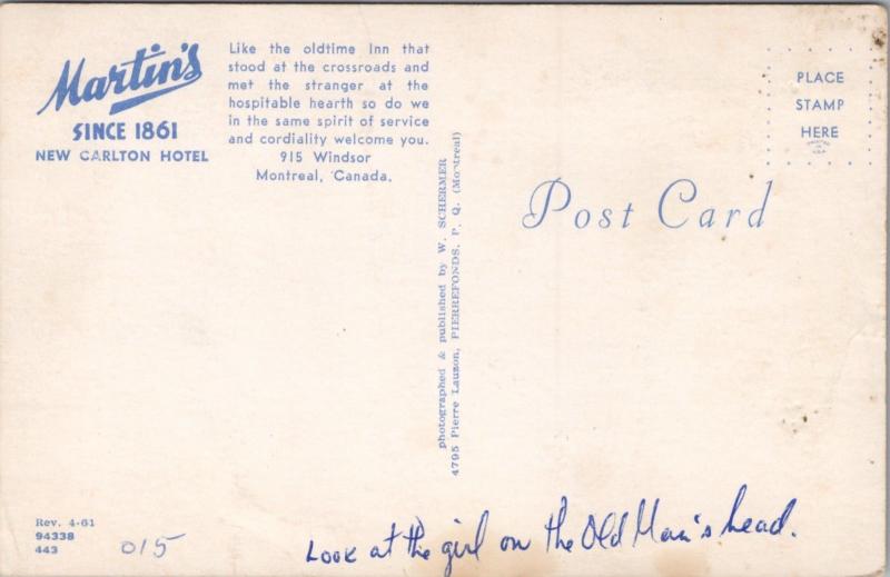 Martin's New Carlton Hotel Montreal Quebec QC Vintage Postcard E26 *As Is