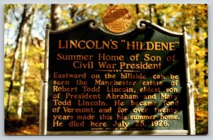 Roadside Sign~Manchester VT~Robert Todd Lincolns Hildene~Summer Home~1950s PC