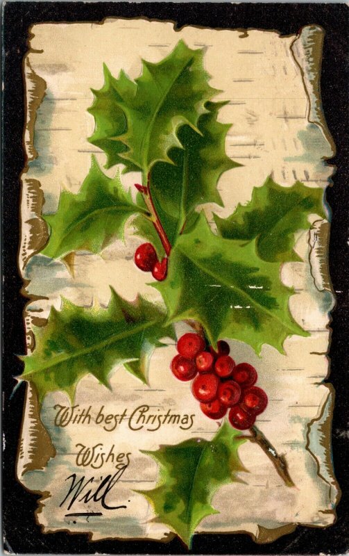 Best Christmas Wishes  - Holly Embossed - Vintage - POSTCARD PC POSTED