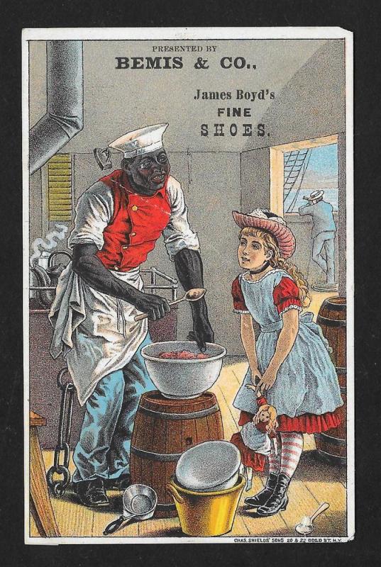 VICTORIAN TRADE CARD Bemis Boots & Shoes Black Sailor Cook