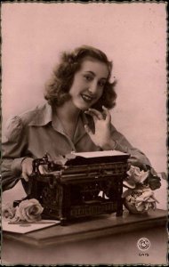 Typewriter Beautiful Woman Desk Glamour Tinted c1920 Real Photo Postcard #2