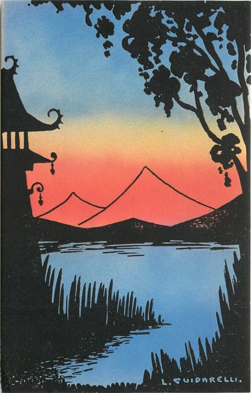 Art Postcard A/S L Guidarelli, Silhouette of Asian Building, Sunset on Water