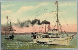 US TRAINING SHIP WOLVERINE TOWING COM. PERRY'S FLAG NIAGARA ANTIQUE POSTCARD