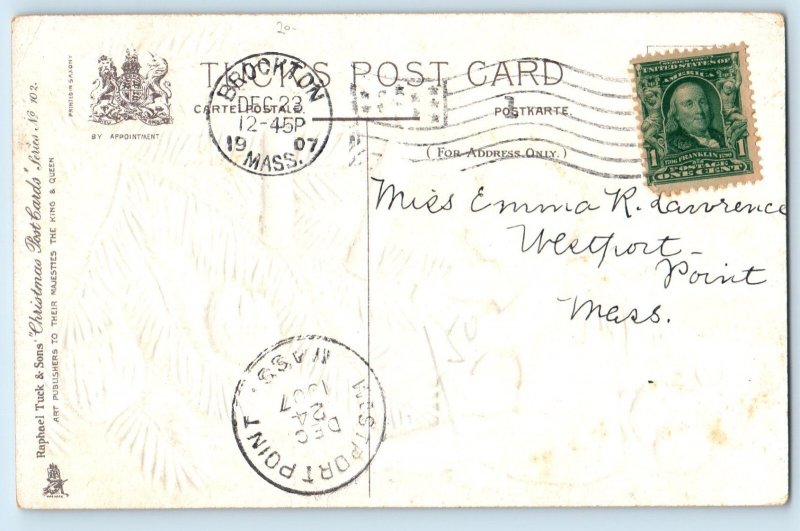 1907 Christmas Cherub Angel Blowing Candles Pinecone Tuck Embossed Postcard