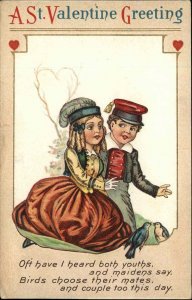 Valentine's Day Children Young Couple and Birds in Love c1910 Vintage Postcard