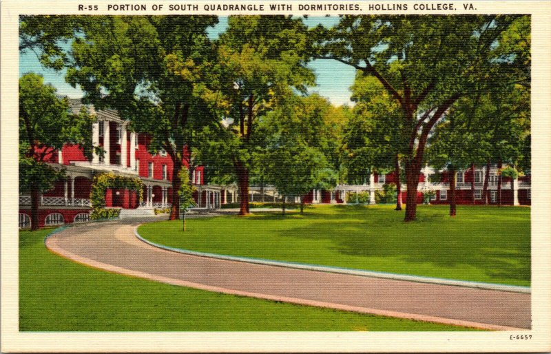 Vtg South Quadrangle Dormitories Dorms Hollins College Roanoke VA Linen Postcard