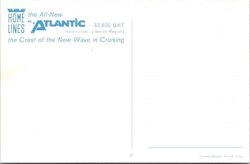 Home Lines Advertising  CRUISE SHIP ATLANTIC~Underway   VINTAGE Chrome Postcard
