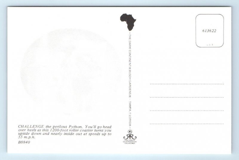 BUSCH GARDENS, Tampa FL ~ Amusement Park PYTHON Roller Coaster 4x6  Postcard