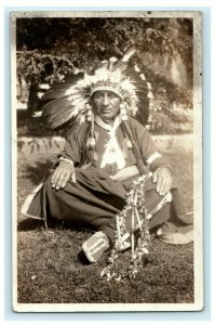 c1920 Native American Indian Chief in Headdress Mockasin Antique Postcard 