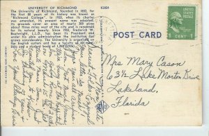 CJ-180 VA Richmond, Cannon Memorial Chapel University of Richmond Linen Postcard