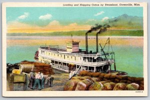 Greenville Mississippi~Loading & Shipping Cotton By Steamboat~Vtg Linen Postcard