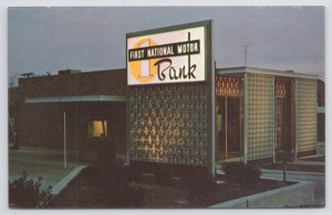 Advertising~Plexiglas Sign~1st National Motor Bank @ Night~1950s Postcard