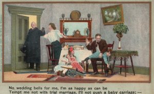 Vintage Postcard Father Spanging Little Boy Sister Playing a Doll Family Dinner