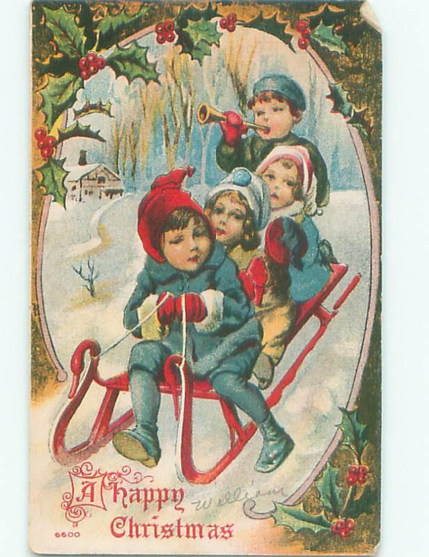 Pre-Linen Christmas KIDS ON TOBOGGAN SLIDE AB5522