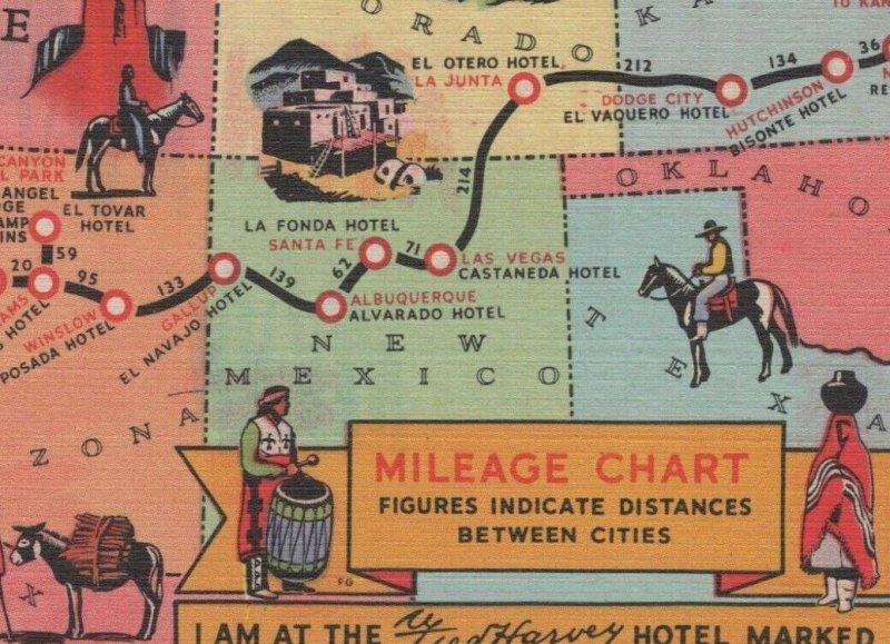 1942 Fred Harvey Mileage Chart Hotels Map Distances Cities linen postcard G382 