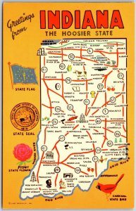 Indiana, The Hoosier State, Greetings Card, Flower, Flag, Map, Vintage Postcard
