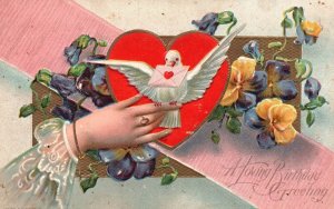 Vintage Postcard 1910 A Loving Birthday Greetings Card Bird Red Heart Flowers