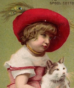 1887 Clark's Mile-End Spool Cotton Cute Girl & Sweet Cat Peacock Feathers F92