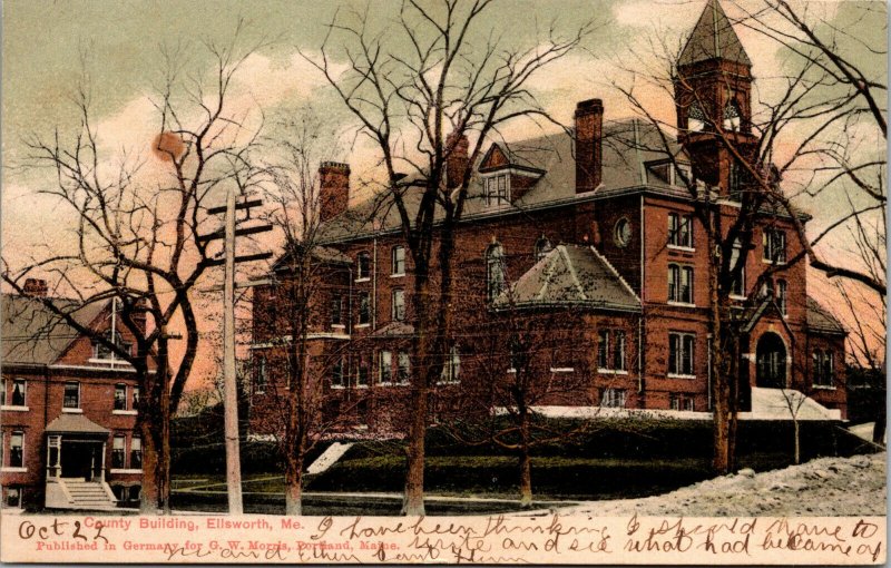 Vtg 1907 County Building Ellsworth Maine ME Undivided Back Postcard