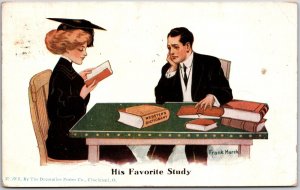 1912 His Favorite Study- Shoes Man Woman Studying About Shoes Posted Postcard