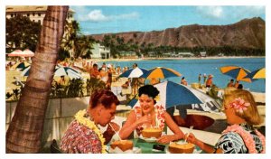 Visitors w Leis Sip Drinks on Waikiki Beach United Airlines Issued Postcard 1955